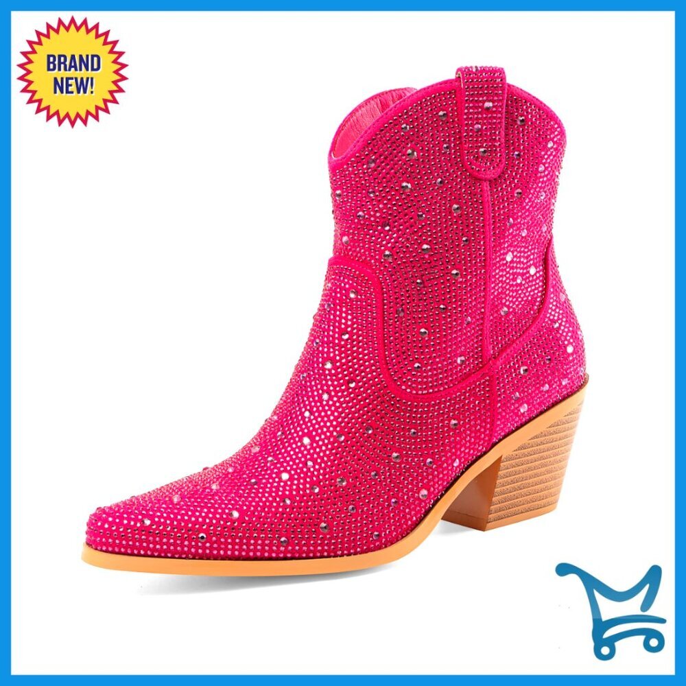Sparkly Rhinestone Cowboy Ankle Boots Western Pointed Toe Low Block Heel